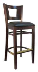 Square Hole Back Wood Bar Stool - Black Vinyl Seat, Dark Mahogany Finish 