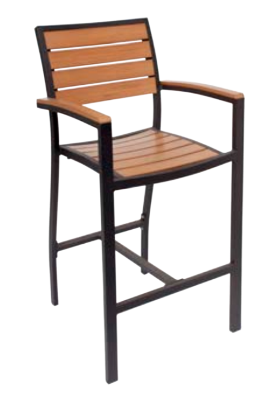 Key West Outdoor Arm Barstool - Synthetic Teak Slats, Powder Coated Aluminum Frame